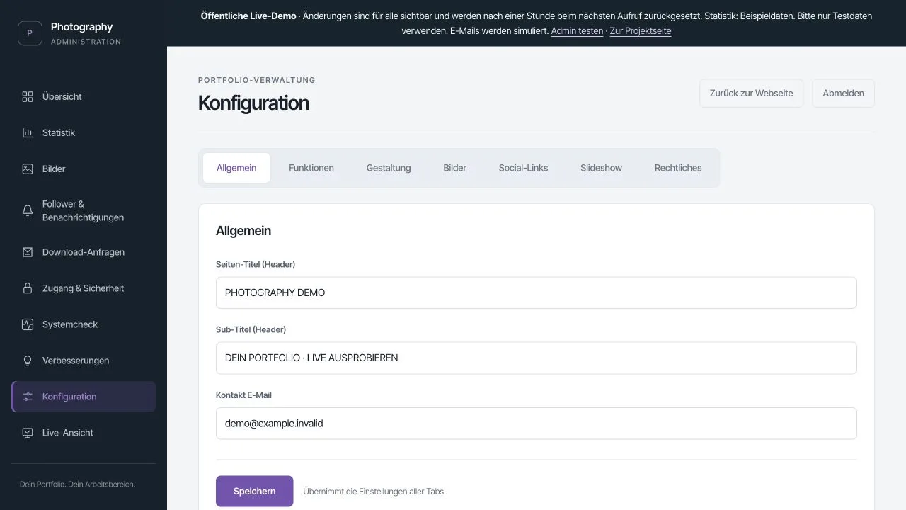 Real demo: admin area with configuration tabs and editable website settings